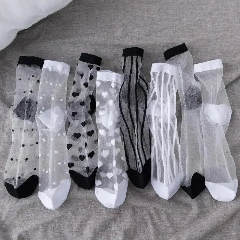 4Pairs Transparent Glass Silk Stockings Children Socks Retro Polka-Dot Love Vertical Bar Spring and Summer Thin Card Silk Japane-Gennys fashion