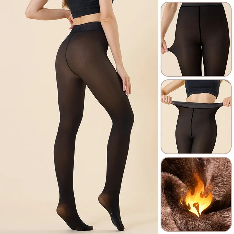 Winter Warm Leggings Pantyhose Women Fleece Socks High Waist Thermal Stocking Insulated Pants Fake Translucent Leggings Tights-Gennys fashion