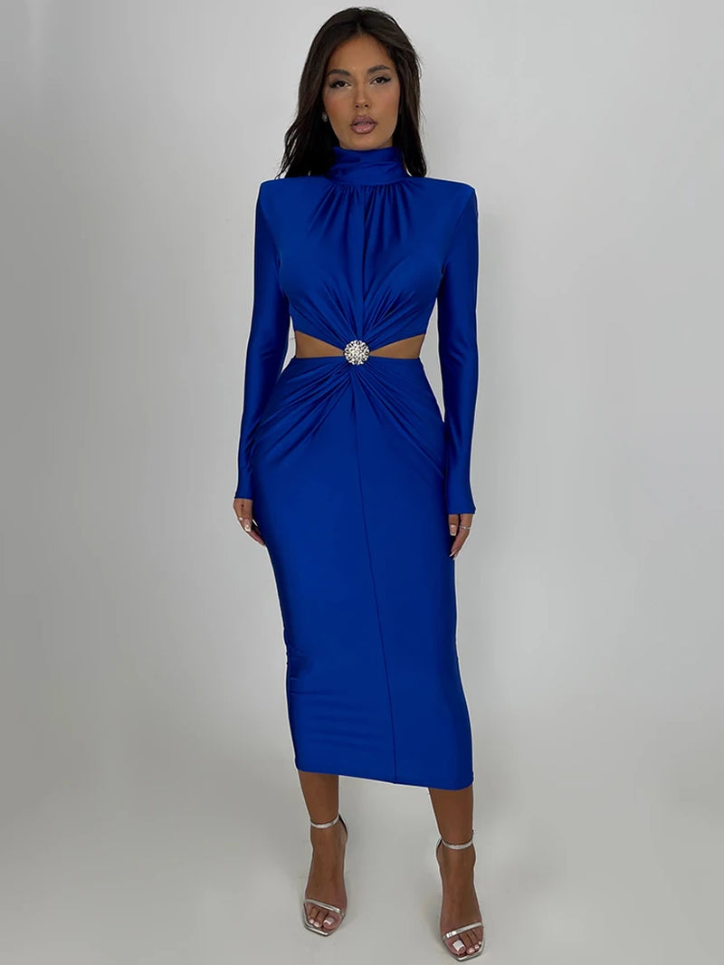 Elegant Hollow Out Sexy Maxi Dress for Women Autumn Winter New Turtleneck Long Sleeve Bodycon Club Party Evening Dress-Gennys fashion