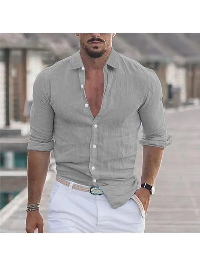 Men'S Summer Cotton and Linen Loose Lapel Beach Shirt Casual Lazy Long Sleeve Solid Color Hawaiian Campfire Holiday Wear-Gennys fashion
