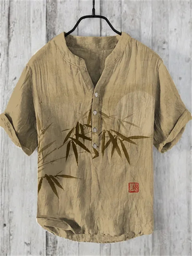 Men'S Retro Hawaiian Art Print Wave Series 3D Digital Printing Casual Loose Short Sleeve Three-Breasted Shirt Linen 100%-Gennys fashion
