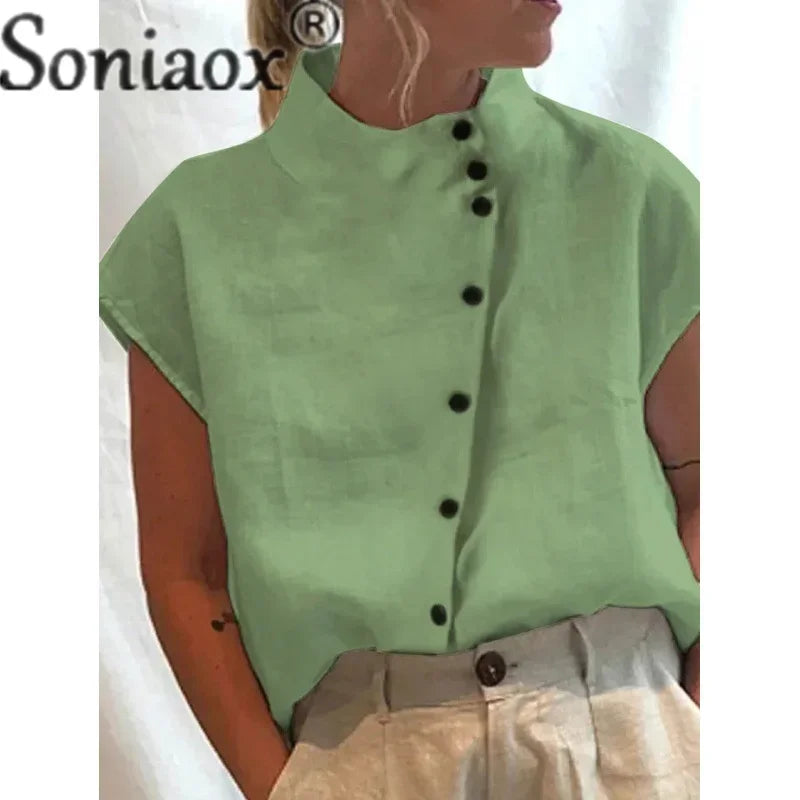 Elegant Cotton Linen Stand Neck Shirt Female 2023 Summer Simple Style Single-Breasted Cardigan Tops Women'S Casual Loose Blouse-Gennys fashion