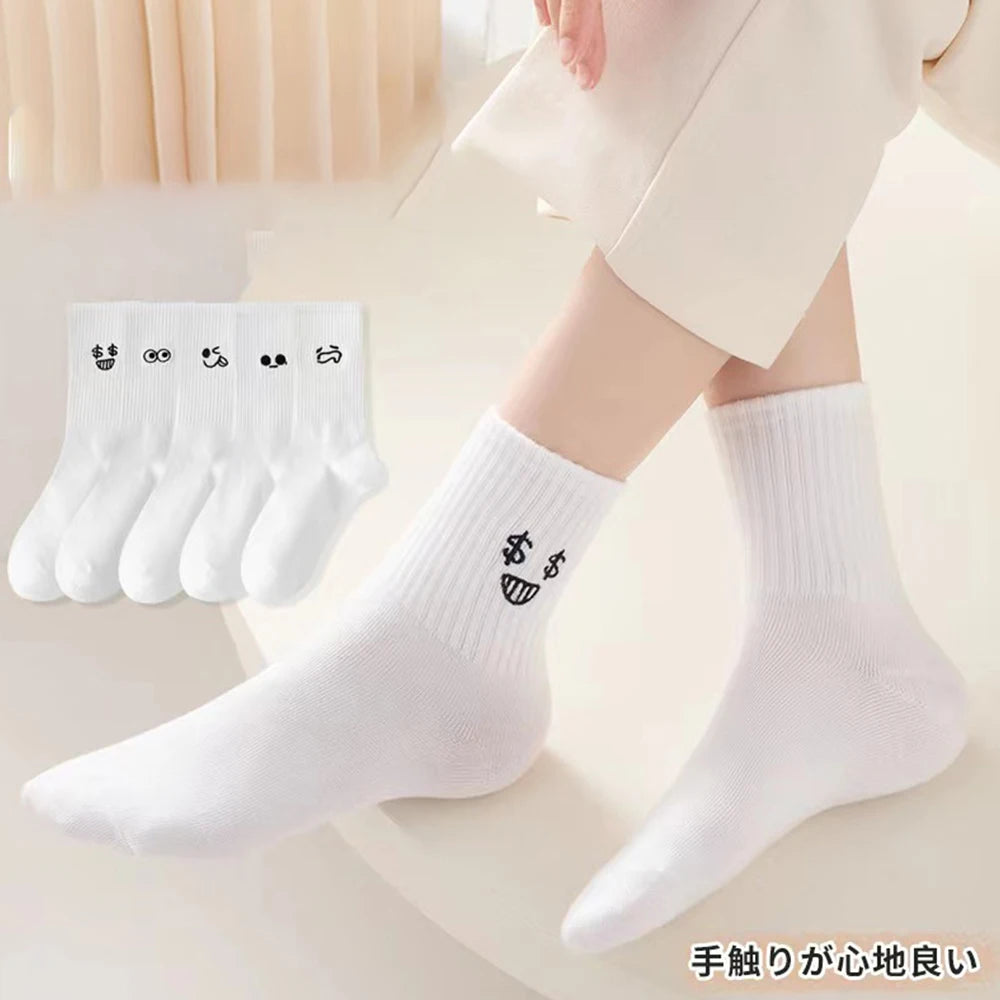 5 Pairs Women'S Cartoon Socks round Neck Mid Tube Fashionable Cute Expression Pattern Socks Casual Breathable Autumn Girls Socks-Gennys fashion