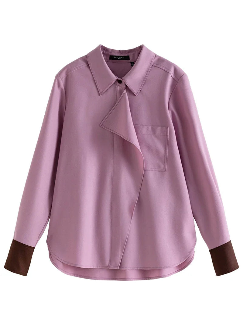50.2% Wool Pink Temperament Straight Women Winter Blouses Ruffle Edge Design Front Shoulder Shirts Contrasting Cuff Tops-Gennys fashion