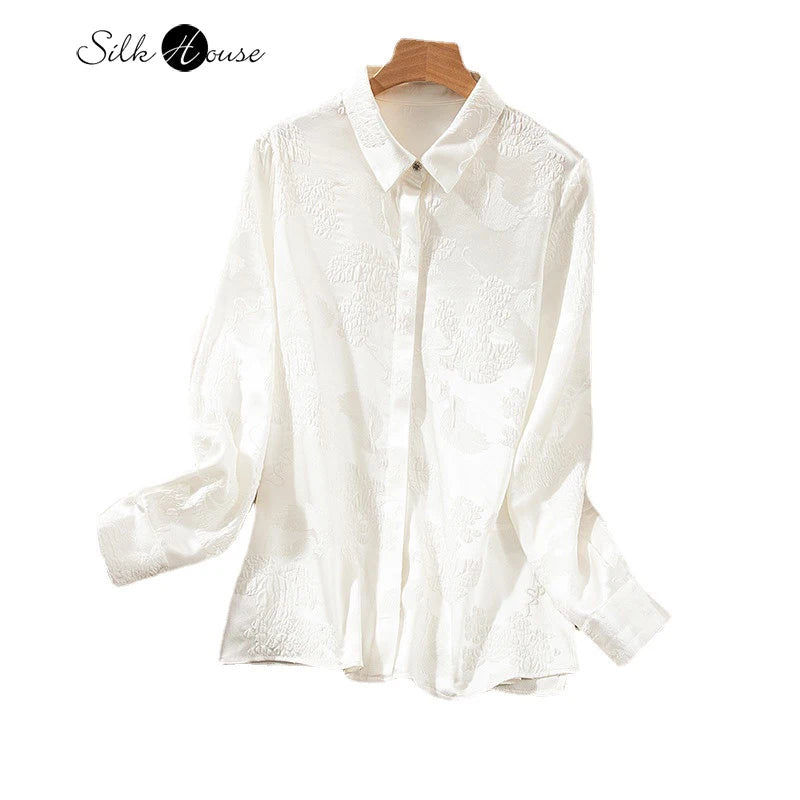 2024 Women'S Fashion Spring/Summer New 93%Natural Silk Square Neck Long Sleeved Crowne Crepe Embossed Jacquard Splendid Shirt-Gennys fashion
