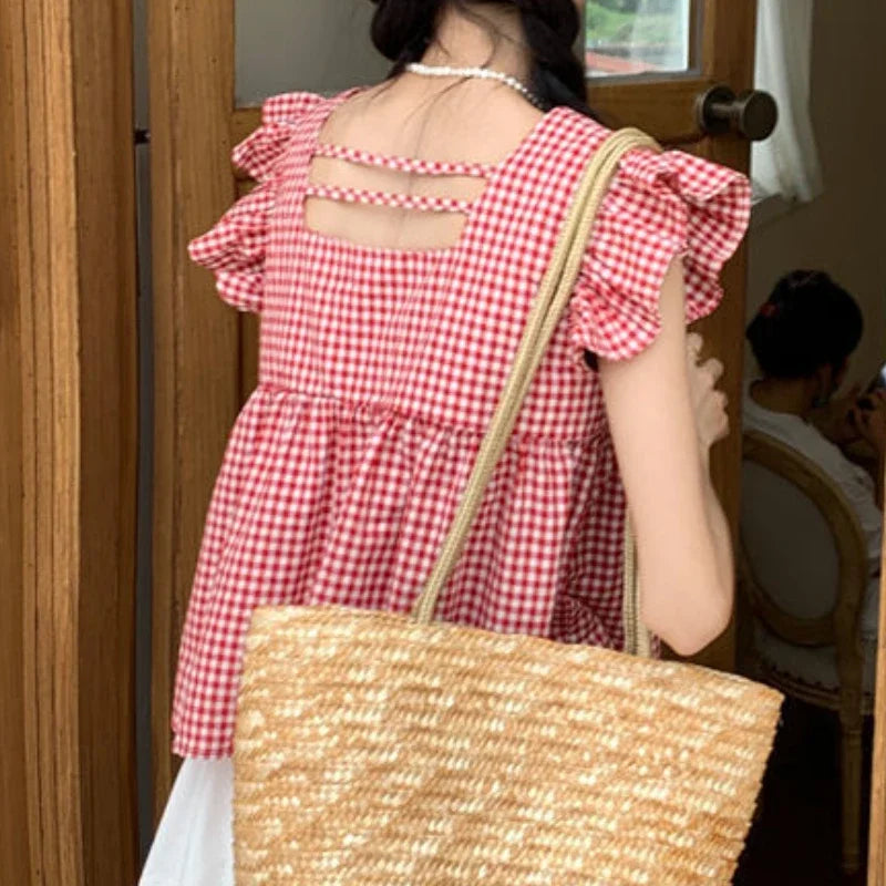 Plaid Shirts Women Cute Ruffles Flying Sleeve Korean Fashion Girlish Summer Tops Vintage Aesthetic Sexy Backless College Holiday-Gennys fashion