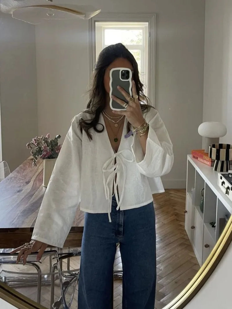Elegant Loose Lace up White Shirt Women Fasion V Neck Long Sleeve Casual Tops 2024 Spring Chic New Female Commuting Blouse-Gennys fashion
