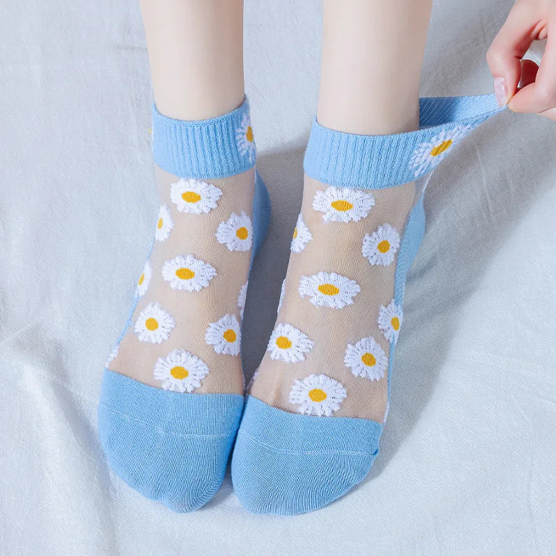 5 Pairs/Set Lovely Daisy Ultra-Thin Glass Silk Breathable Short Women Socks Suit in Spring Summer-Gennys fashion