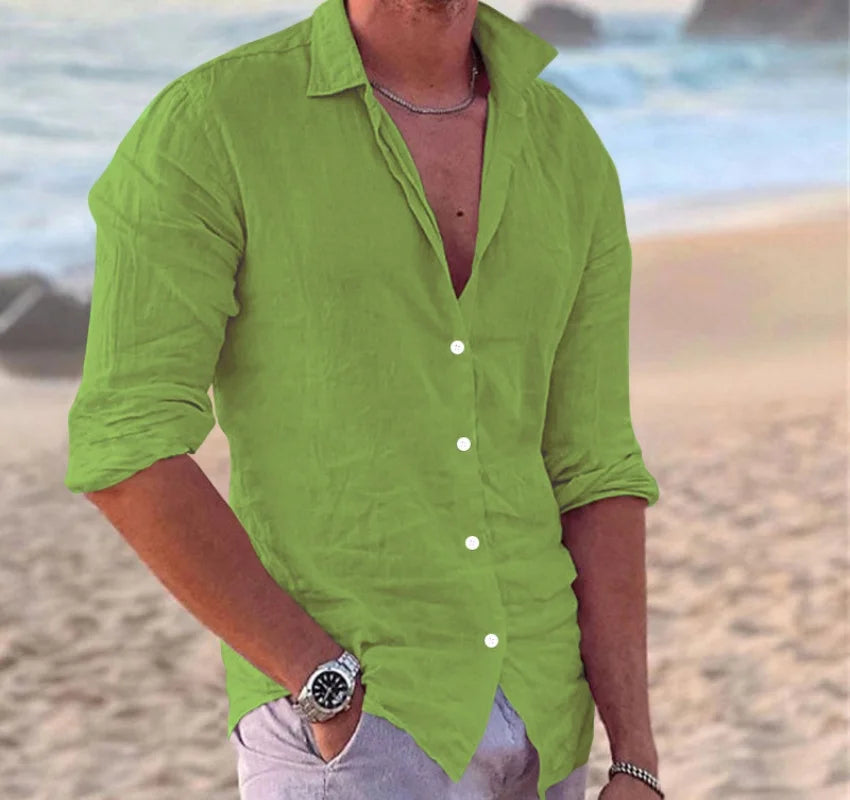 Summer New Fashion Street Men Cotton Linen Slim Casual Men'S Shirt Single Breasted Cardigan Long Sleeve-Gennys fashion