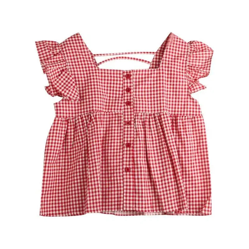 Plaid Shirts Women Cute Ruffles Flying Sleeve Korean Fashion Girlish Summer Tops Vintage Aesthetic Sexy Backless College Holiday-Gennys fashion