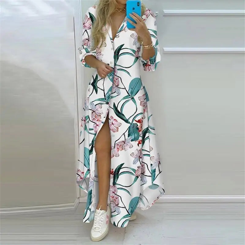 Summer Women Boho Printed Long Shirts Elegant Dress Turn-Down Collar Long Sleeve Female Casual Split Shirt Evening Maxi Dresses-Gennys fashion