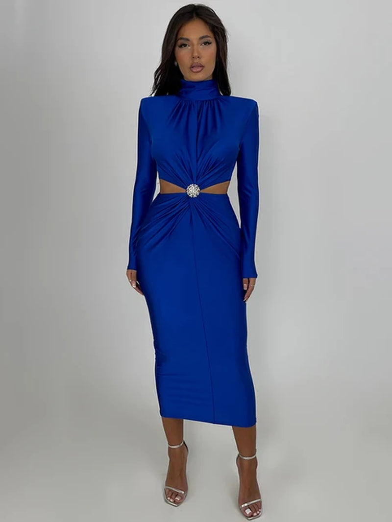 Elegant Hollow Out Sexy Maxi Dress for Women Autumn Winter New Turtleneck Long Sleeve Bodycon Club Party Evening Dress-Gennys fashion