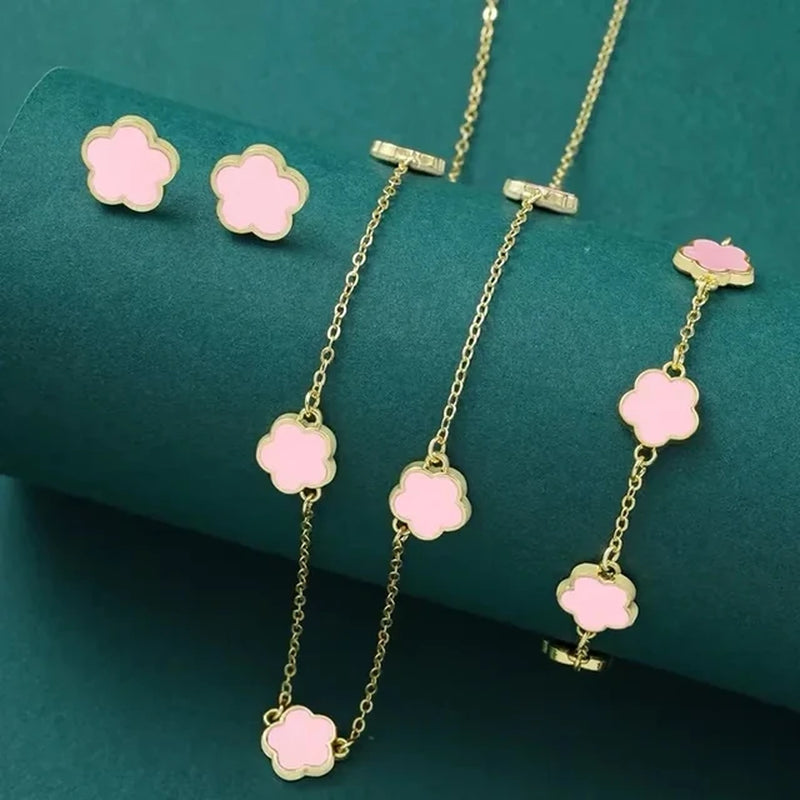 Lucky Five-Petal Flower Clover Earrings Necklace Ring Bracelet Four-Piece Set for Woman Fashionable Accessories Party Jewelry-Gennys fashion