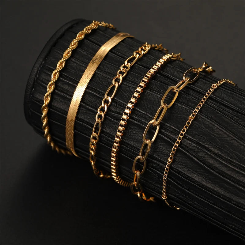 6Pcs Gold Color Bracelet Set Boho Retro Thick Twist Cuban Chain Bracelet for Women 2023 Trendy Quality Jewelry Gifts-Gennys fashion