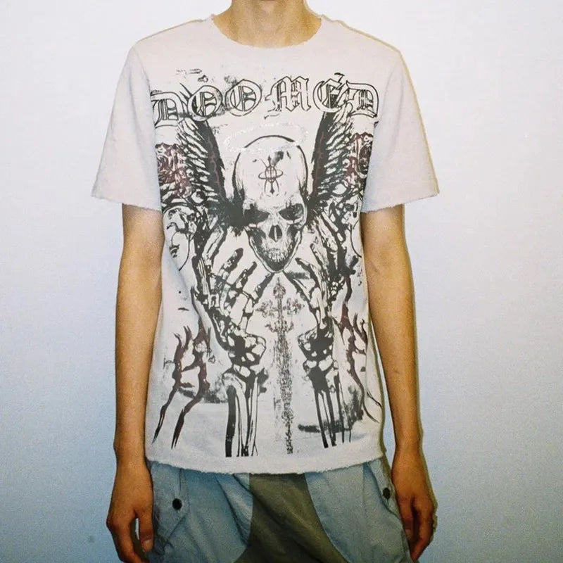 Retro Skull Large Pattern Short-Sleeved T-Shirt High Street Dark Punk Y2K 90S Harajuku round Neck Oversize Loose Tops Clothes-Gennys fashion
