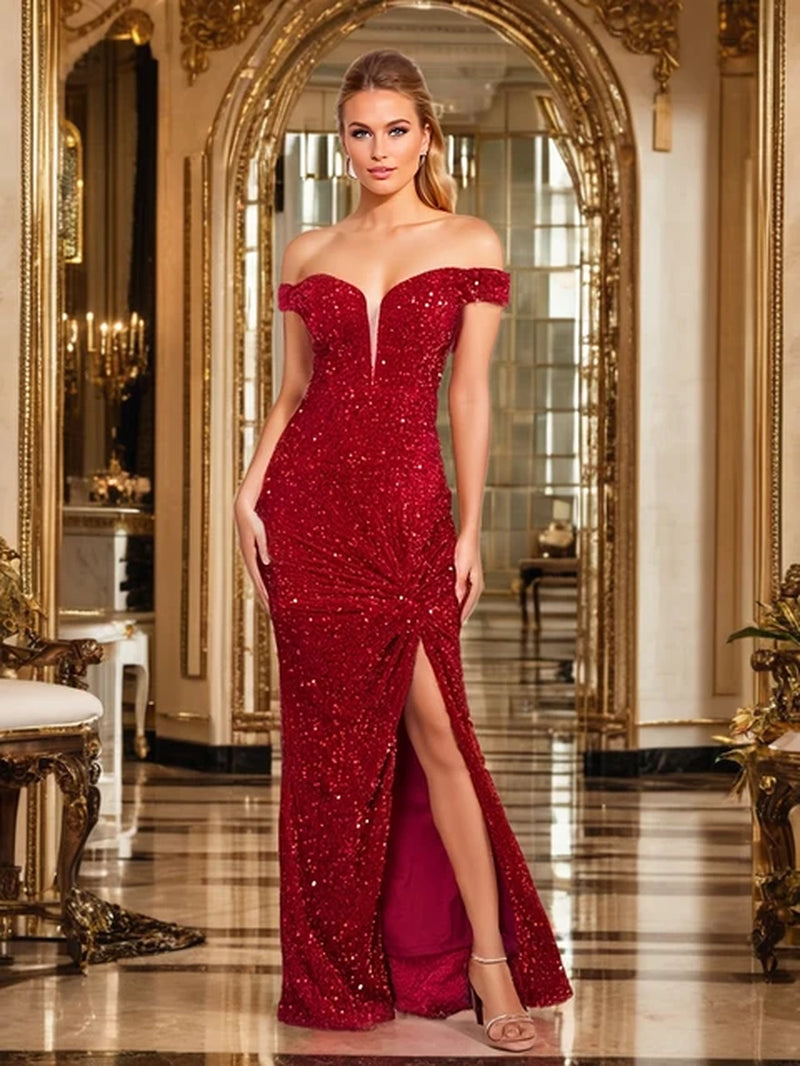 Sleeveless off the Shoulder Evening Party Dress Knot Slit Slash Neck Hollow Out V Neck Sequin Women Long Prom Dresses-Gennys fashion