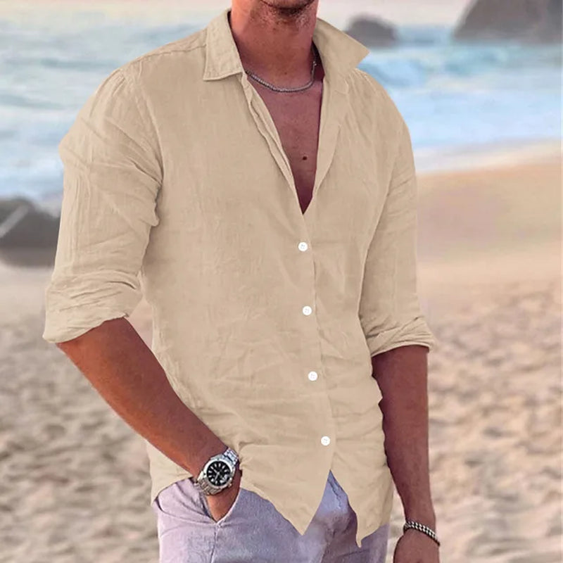 Summer New Fashion Street Men Cotton Linen Slim Casual Men'S Shirt Single Breasted Cardigan Long Sleeve-Gennys fashion