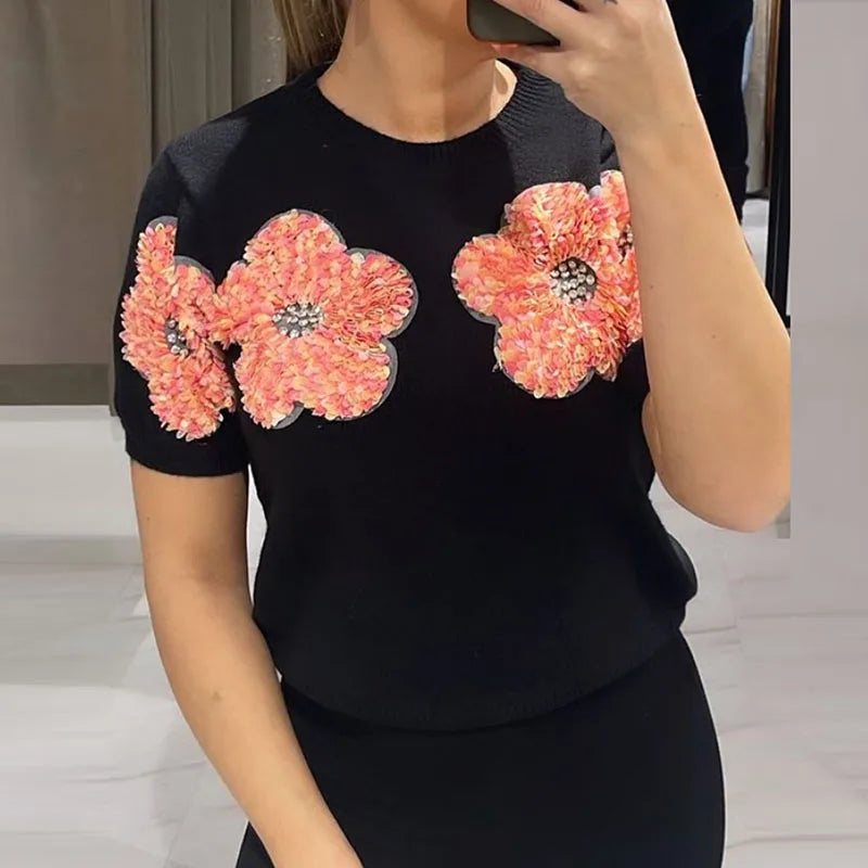 Spring Chic Appliques Flower Knitted Sweater Women Elegant round Neck Office T-Shirt Pullover Fall Sexy Short Sleeve Tops Jumper-Gennys fashion
