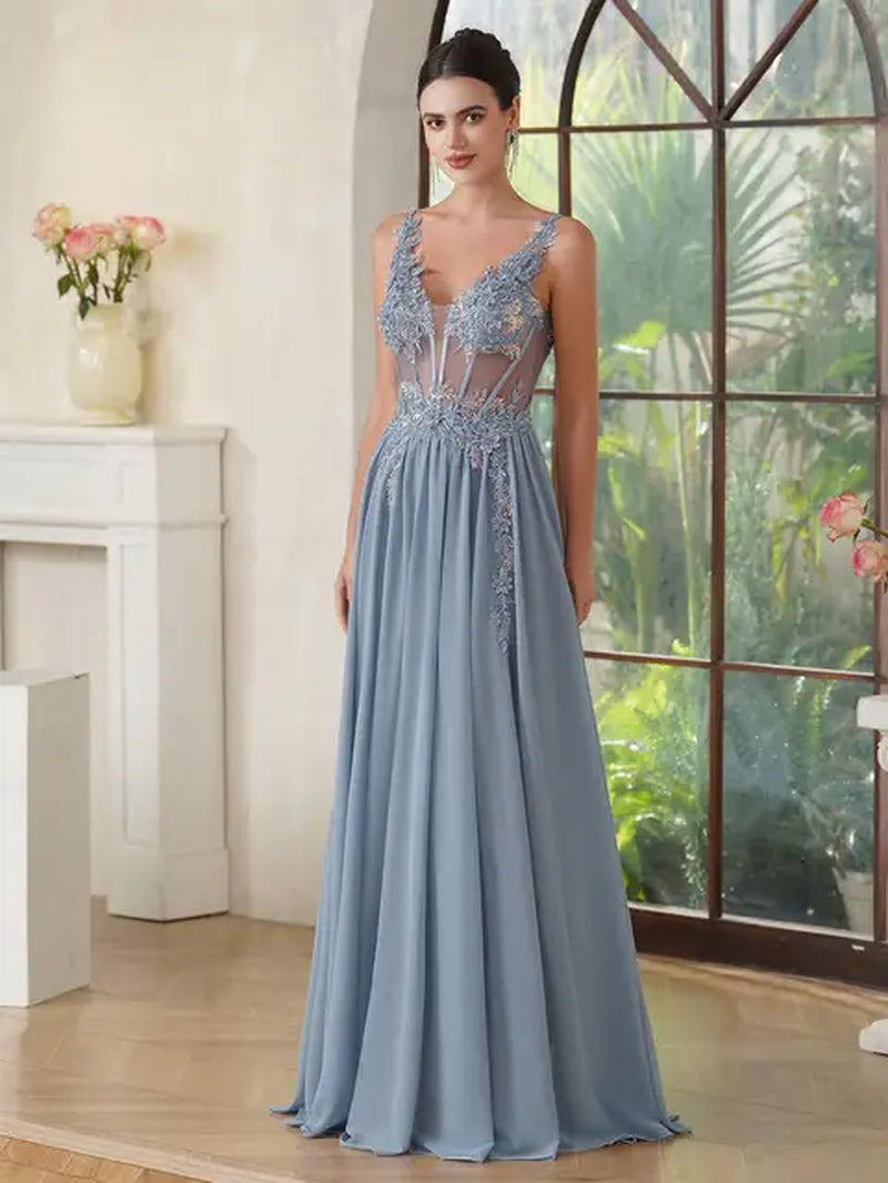 Elegant Dusty Pink Prom Dresses 2024 V Neck Beaded Appliques Illusion Spaghetti Strap Evening Gowns Formal Party Vestido De Gala-Gennys fashion