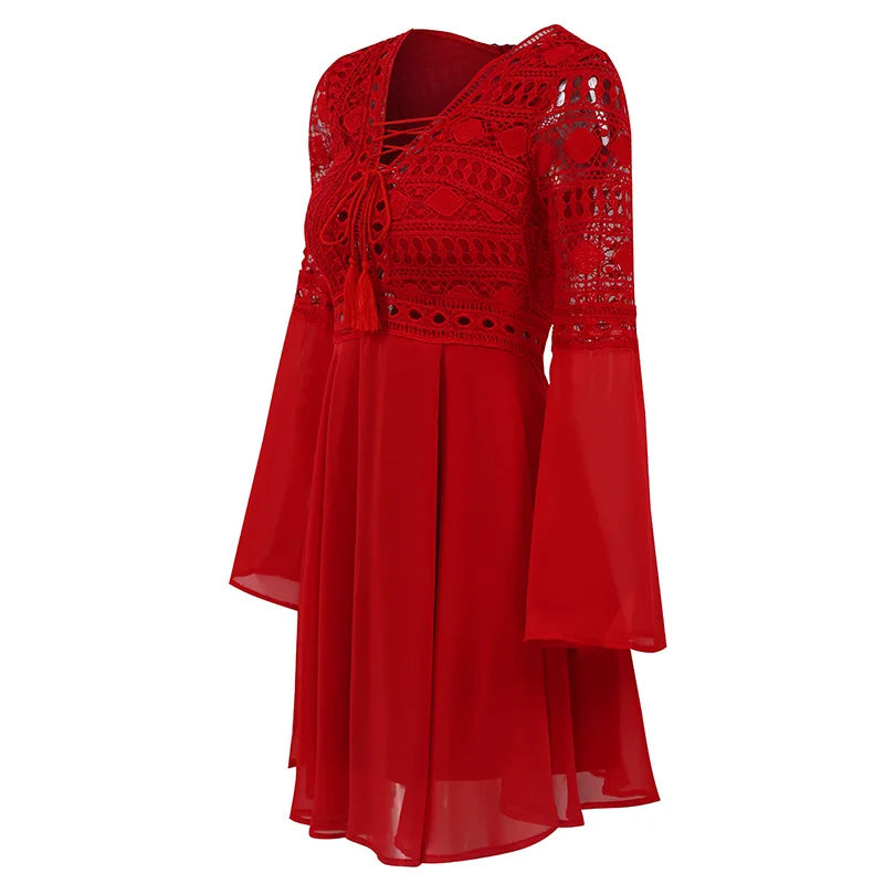 Women'S a Line Dress Short Mini Dress White Black Red Long Sleeve Solid Color Ruffle Patchwork Chiffon Spring Summer Slim V Neck-Gennys fashion