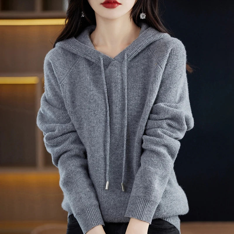 2023 New Cashmere Hooded Sweater Women Long Sleeve Autumn and Winter Knit Hooded Pullover Solid Color Cashmere Base-Gennys fashion