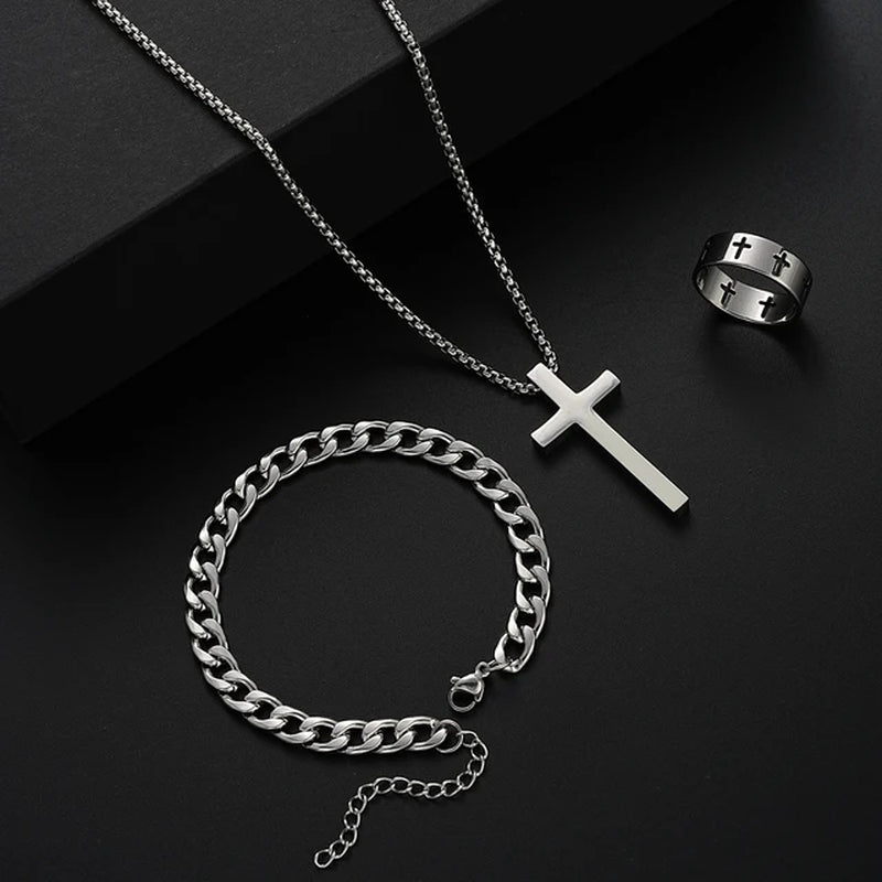 3 Pcs Stainless Steel Bracelet Necklace Ring for Men Women Retro Simple and Personalized Punk Hip Hop Jewelry Set Fashion Gifts-Gennys fashion