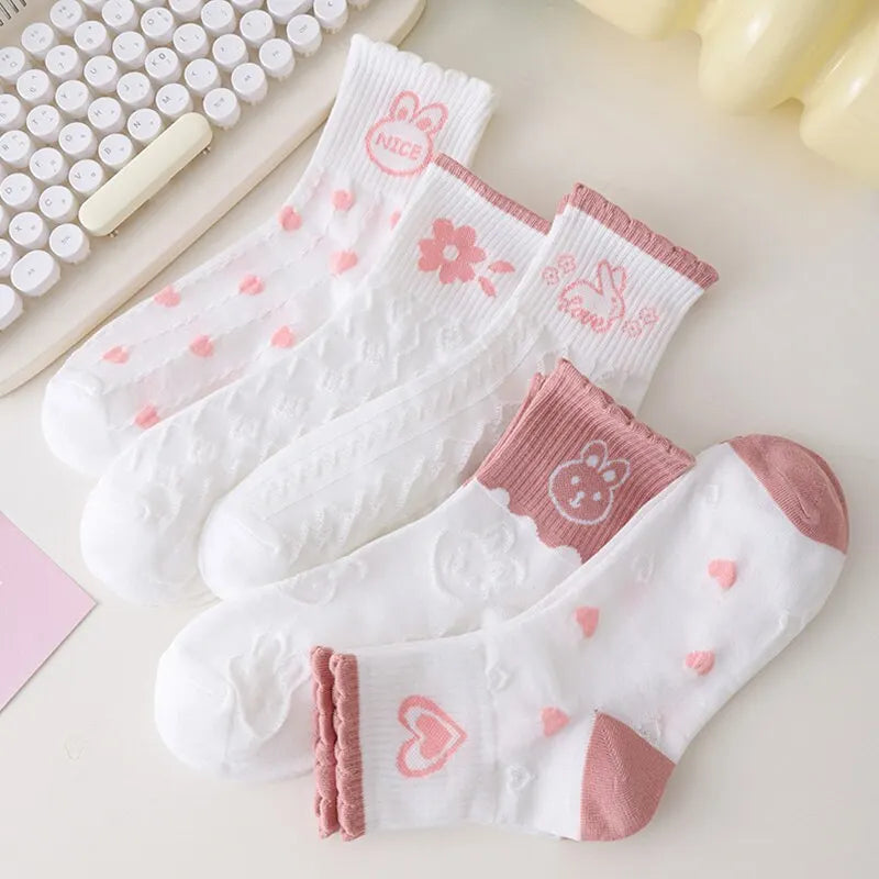5 Pairs Women Middle Tube Socks Heart Cute Fashion Casual White Four Season Ruffles Pattern Pink Harajuku Kawaii Girls-Gennys fashion