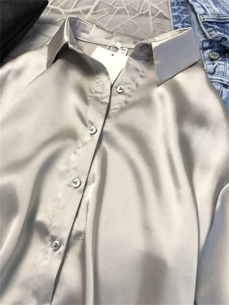 SATIN Long Sleeve Blouse Button up Shirt Women Female Elegant Ladies Tops High Quality Office Lady Silk-Gennys fashion