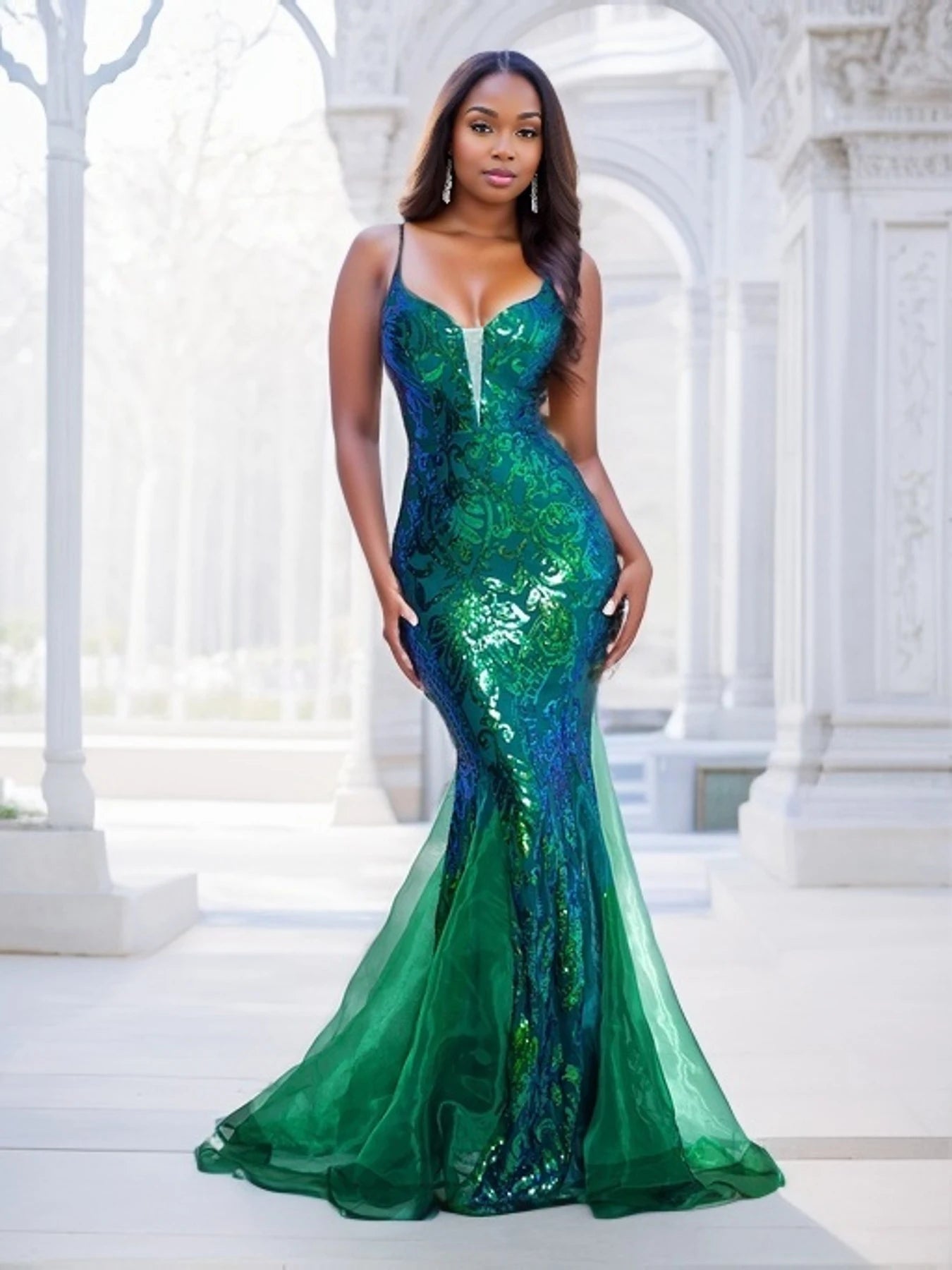 Deep V Neck Sleeveless Green Cocktail Prom Dress Spaghetti Strap Sequin Luxury Evening Party Women Long Mermaid Dresses-Gennys fashion