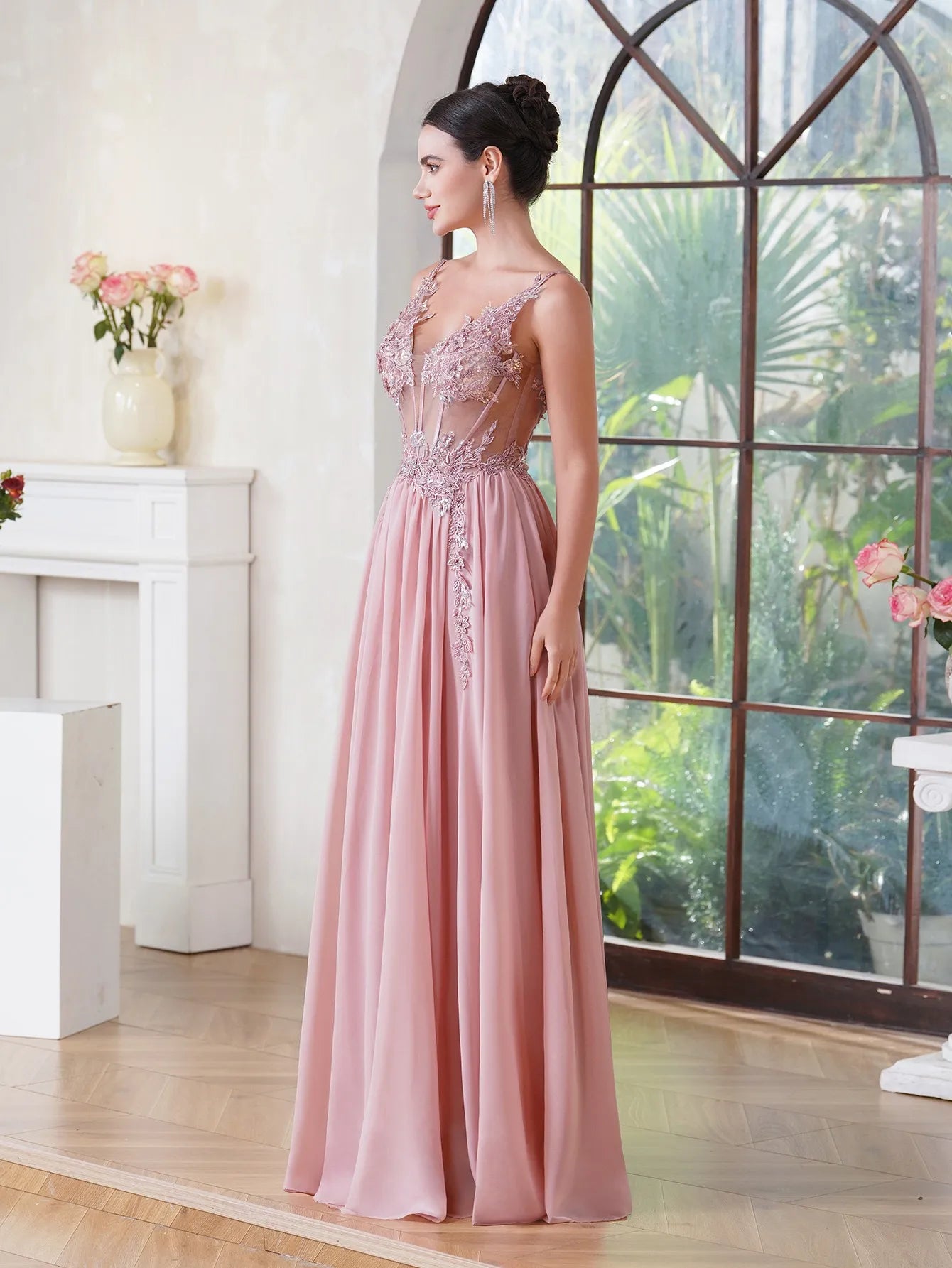 Elegant Dusty Pink Prom Dresses 2024 V Neck Beaded Appliques Illusion Spaghetti Strap Evening Gowns Formal Party Vestido De Gala-Gennys fashion