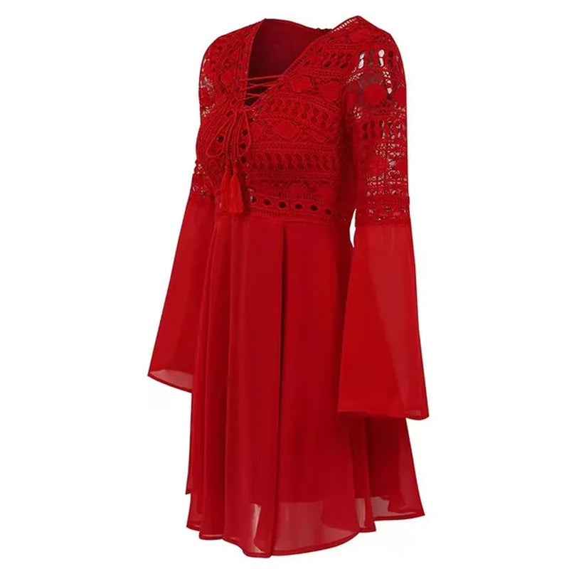 Women'S a Line Dress Short Mini Dress White Black Red Long Sleeve Solid Color Ruffle Patchwork Chiffon Spring Summer Slim V Neck-Gennys fashion