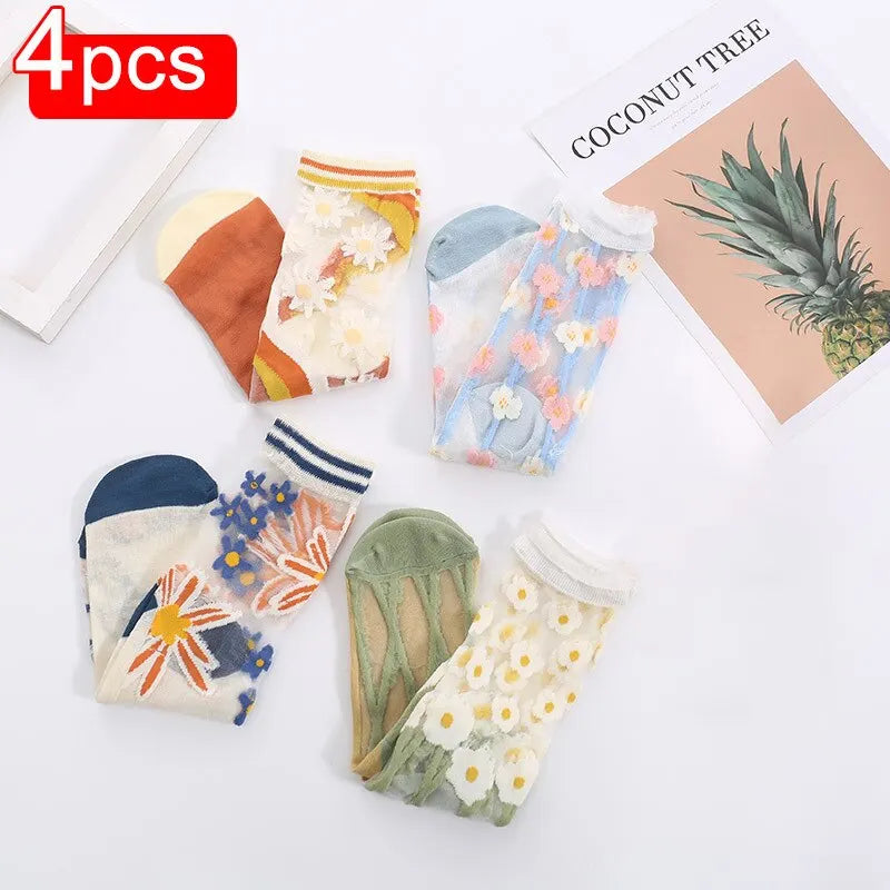 Women Summer Ultra Thin Transparent Summer Ice Glass Filament Long Tube Korean Lace Medium Tube Crystal Socks Silk Socks-Gennys fashion