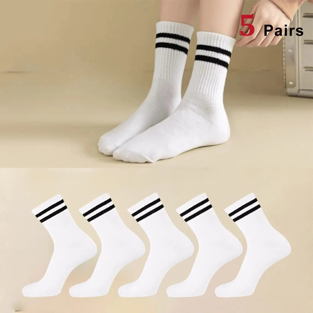 5 Pairs Women'S Mid Length Socks Solid Color Parallel Stripe Simple Fashionable Sports Sweat-Absorbing High-Quality Girls' Socks-Gennys fashion