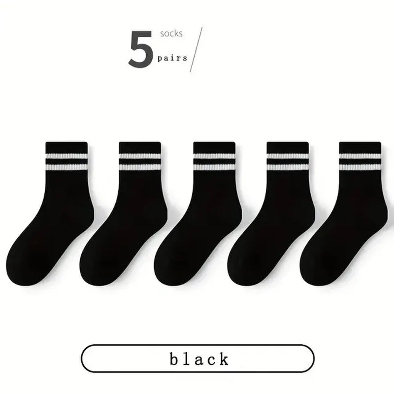 5 Pairs Women'S Mid Length Socks Solid Color Parallel Stripe Simple Fashionable Sports Sweat-Absorbing High-Quality Girls' Socks-Gennys fashion