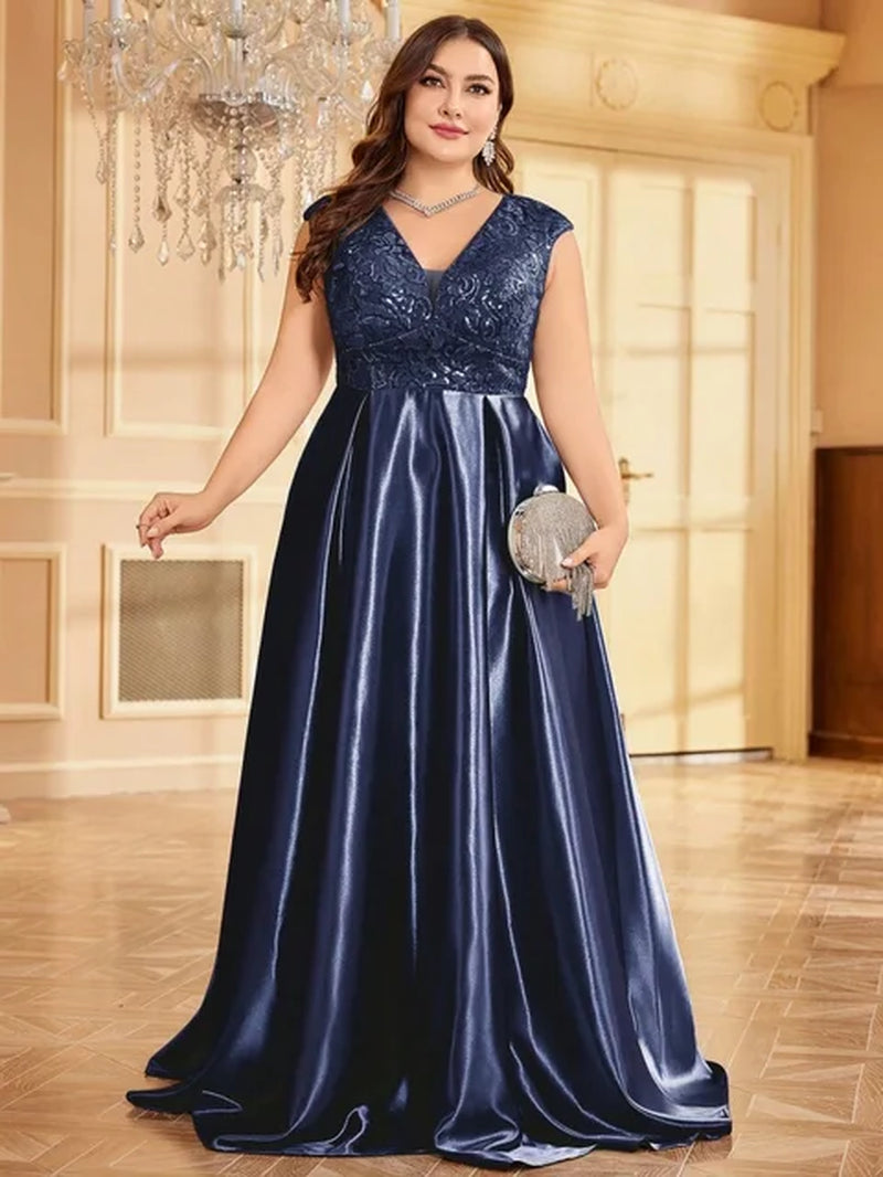 Lucyinlove plus Size Luxury Gold Satin V-Neck Evening Dress Women Satin Wedding Party Prom Floor Lenght Cocktail Dress Gowns-Gennys fashion