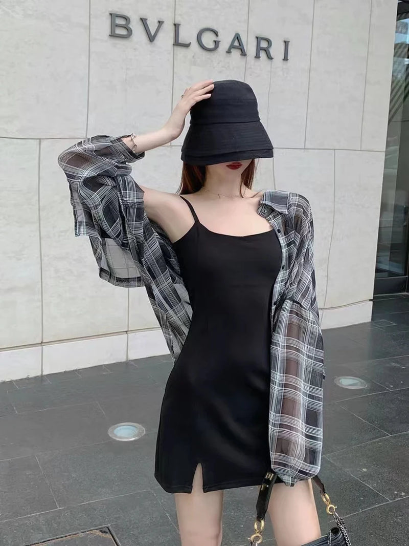 Blouses Women Plaid Chic Daily Outwear Loose Vacation Elegant Simple Long Sleeve Shirts Ladies Korean Summer Sun-Proof Shirt-Gennys fashion