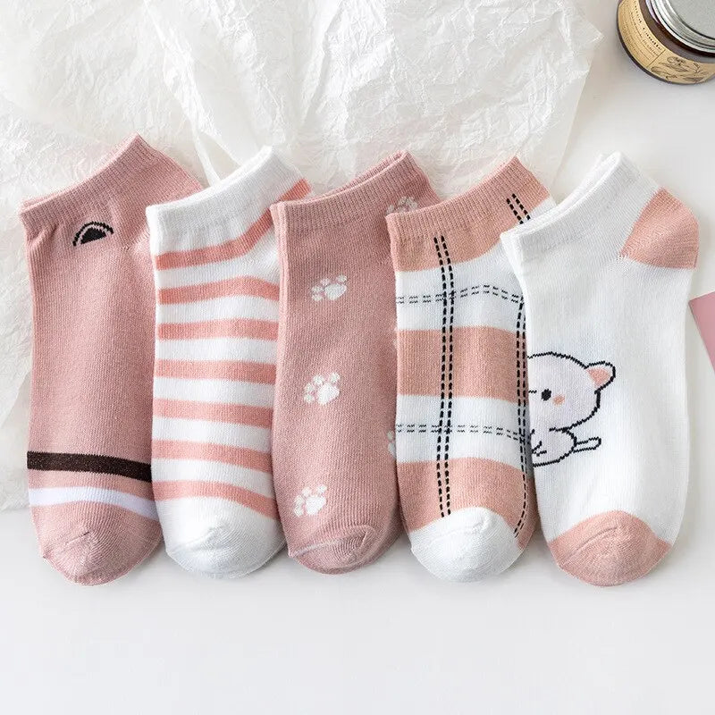5 Pairs of Cute Cat Fashion Iadies Casual Short Socks-Gennys fashion