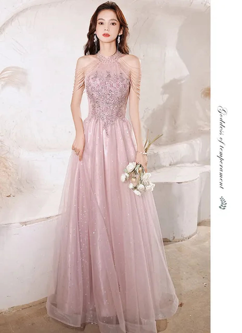 Luxury High Quality Pink Evening Dress 2024 for Prom Summer Autumn Temperament Socialite Senior Party Dress for Women-Gennys fashion