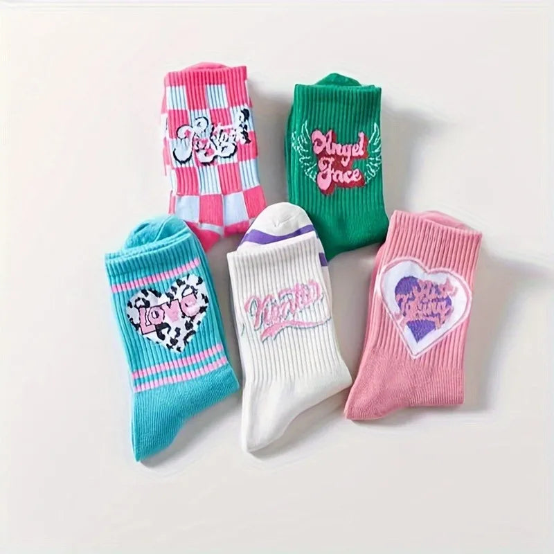 4 Pairs Letter & Heart Print Socks, Comfy & Cute Street Mid Tube Socks, Women'S Stockings & Hosiery-Gennys fashion