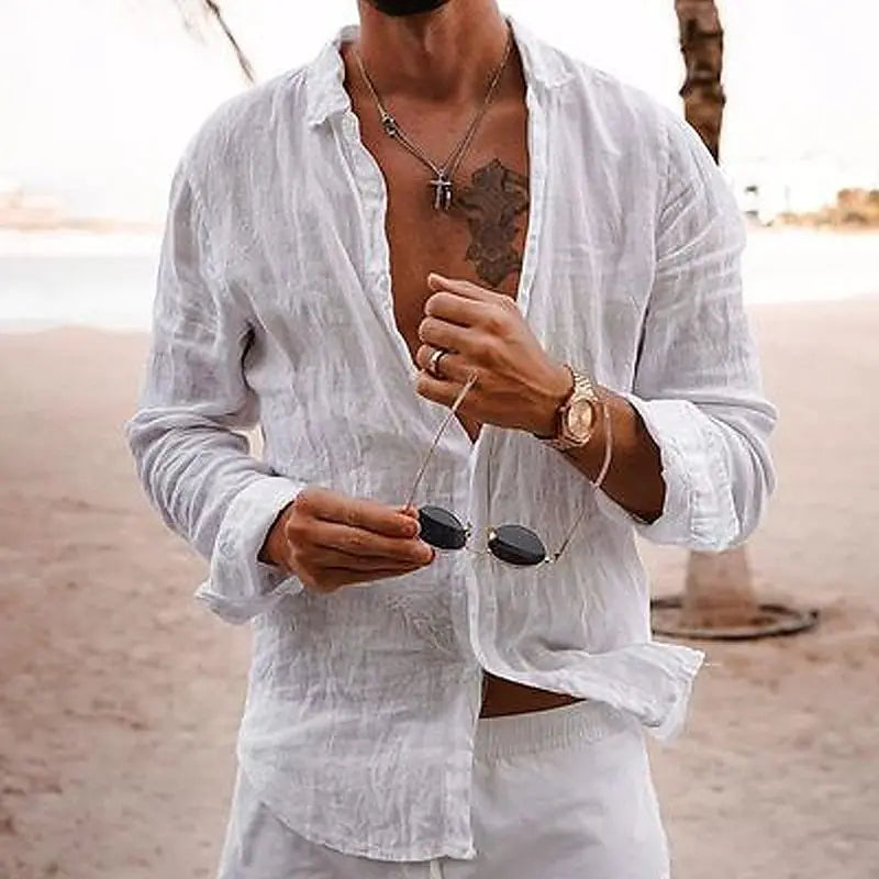 2024 Men'S Cotton Fashion Long Sleeve Shirt Lapel Solid Color Single Breasted Casual Breathable Loose Shirt-Gennys fashion