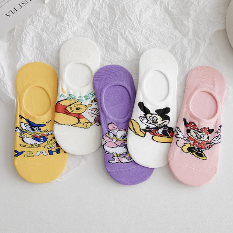 5 Pairs Cotton Woman Sock Mickey Minnie Winnie Daisy Cartoon Girl Slipper Sock Funny Cute Non-Slip Silicone Invisible Ankle Sock-Gennys fashion