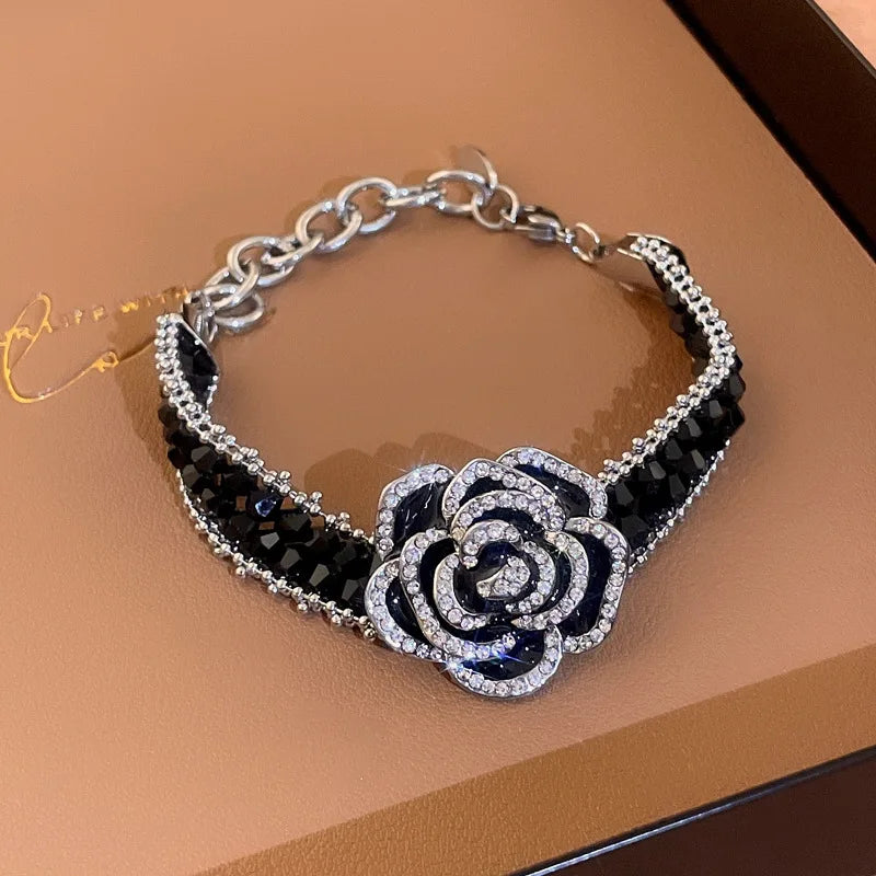 Fashion Camellia Flower Bracelet for Women Black Crystal Chain Bracelets Weddings Party Bangles 2024 New in Charms Jewelry Sets-Gennys fashion
