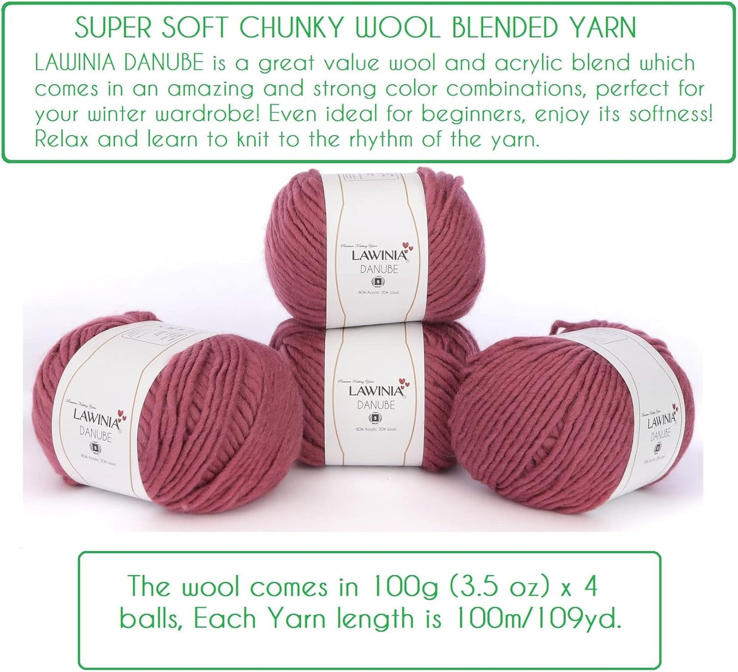- Danube Super Chunky Wool Yarn,%20 Wool, 80% Acrylic Pack of 4 Each 100G - 100M Ideal for Beginners, Soft Chunky Yarn for Knitting and Crocheting Crafts, Sweater, Blanket, Tassel, Scarf, Hat-Gennys fashion