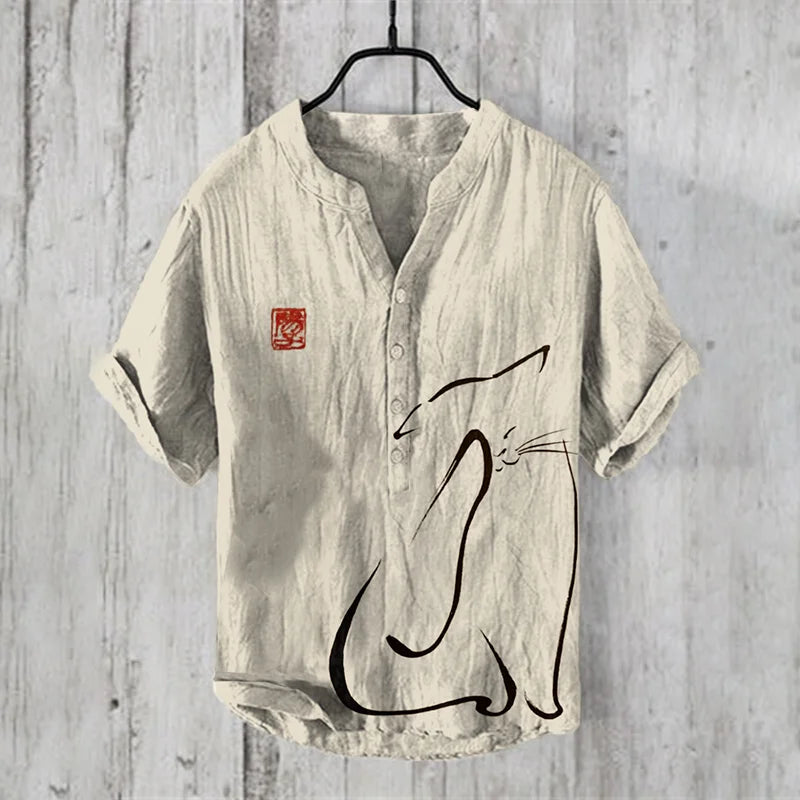 Summer Fashion Men'S Small V-Neck Japanese Art Frog Print Lapel Shirt Men'S Casual Art Short Sleeve Shirt-Gennys fashion