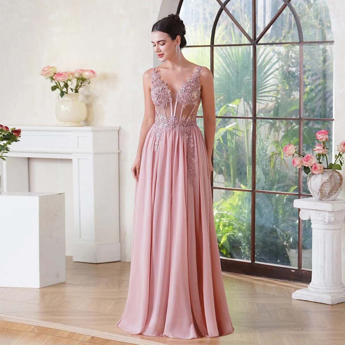 Elegant Dusty Pink Prom Dresses 2024 V Neck Beaded Appliques Illusion Spaghetti Strap Evening Gowns Formal Party Vestido De Gala-Gennys fashion