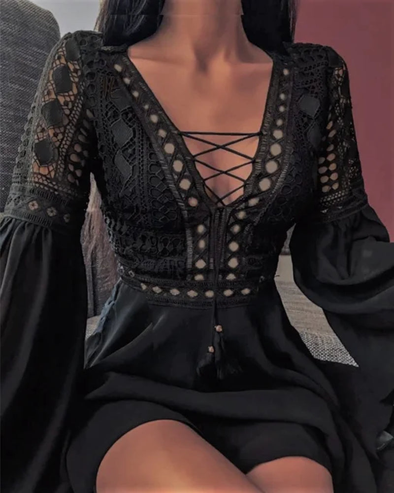 Women'S a Line Dress Short Mini Dress White Black Red Long Sleeve Solid Color Ruffle Patchwork Chiffon Spring Summer Slim V Neck-Gennys fashion