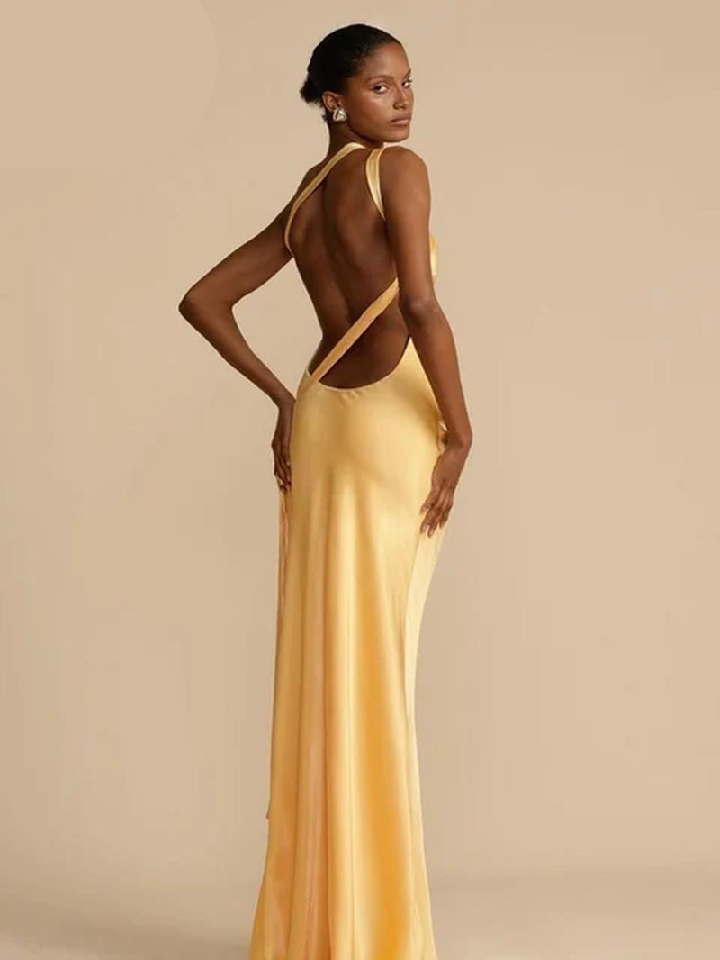 Silk Elegant Maxi Dress Women Stunning Incline Shoulder Backless Sleeveless High Street Robe Concise Girls Evening Vestido-Gennys fashion