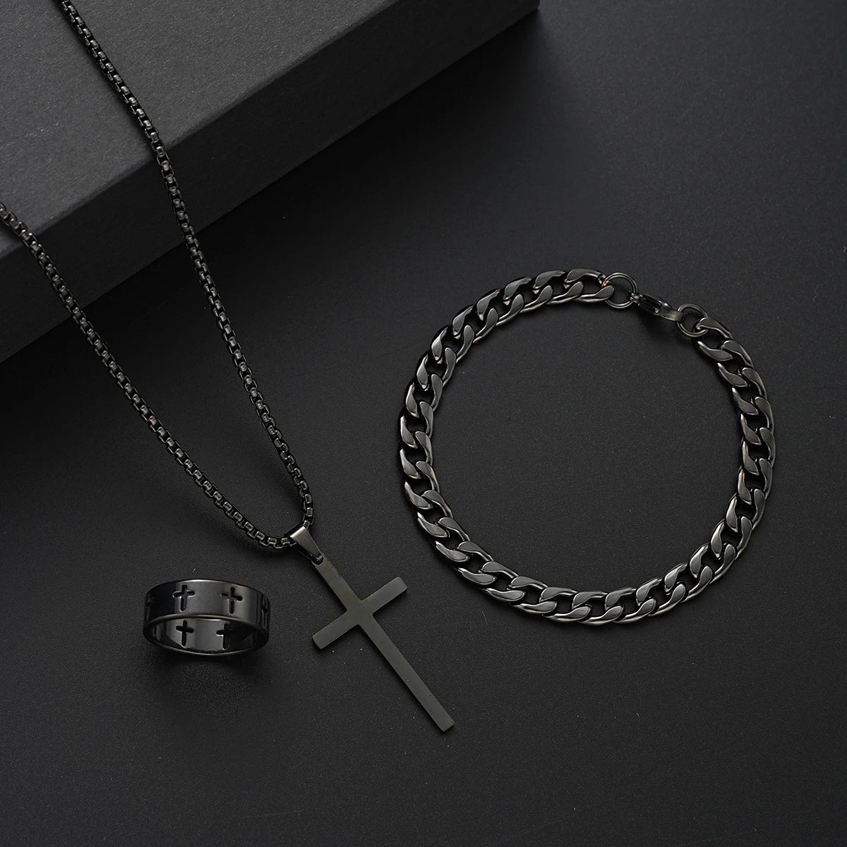 3 Pcs Stainless Steel Bracelet Necklace Ring for Men Women Retro Simple and Personalized Punk Hip Hop Jewelry Set Fashion Gifts-Gennys fashion