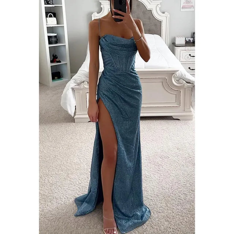 Women Evening Party Dress Floor Length Shiny Spaghetti Maxi Dress off Shoulder Sleeveless High Slit Draped Bodycon Prom Dress-Gennys fashion