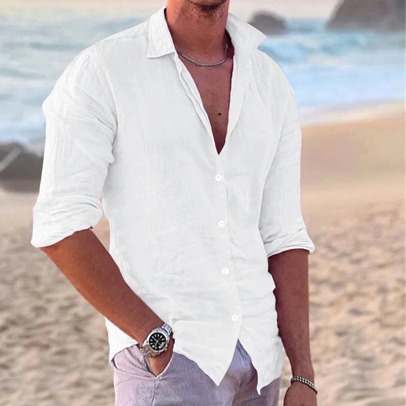 Summer New Fashion Street Men Cotton Linen Slim Casual Men'S Shirt Single Breasted Cardigan Long Sleeve-Gennys fashion